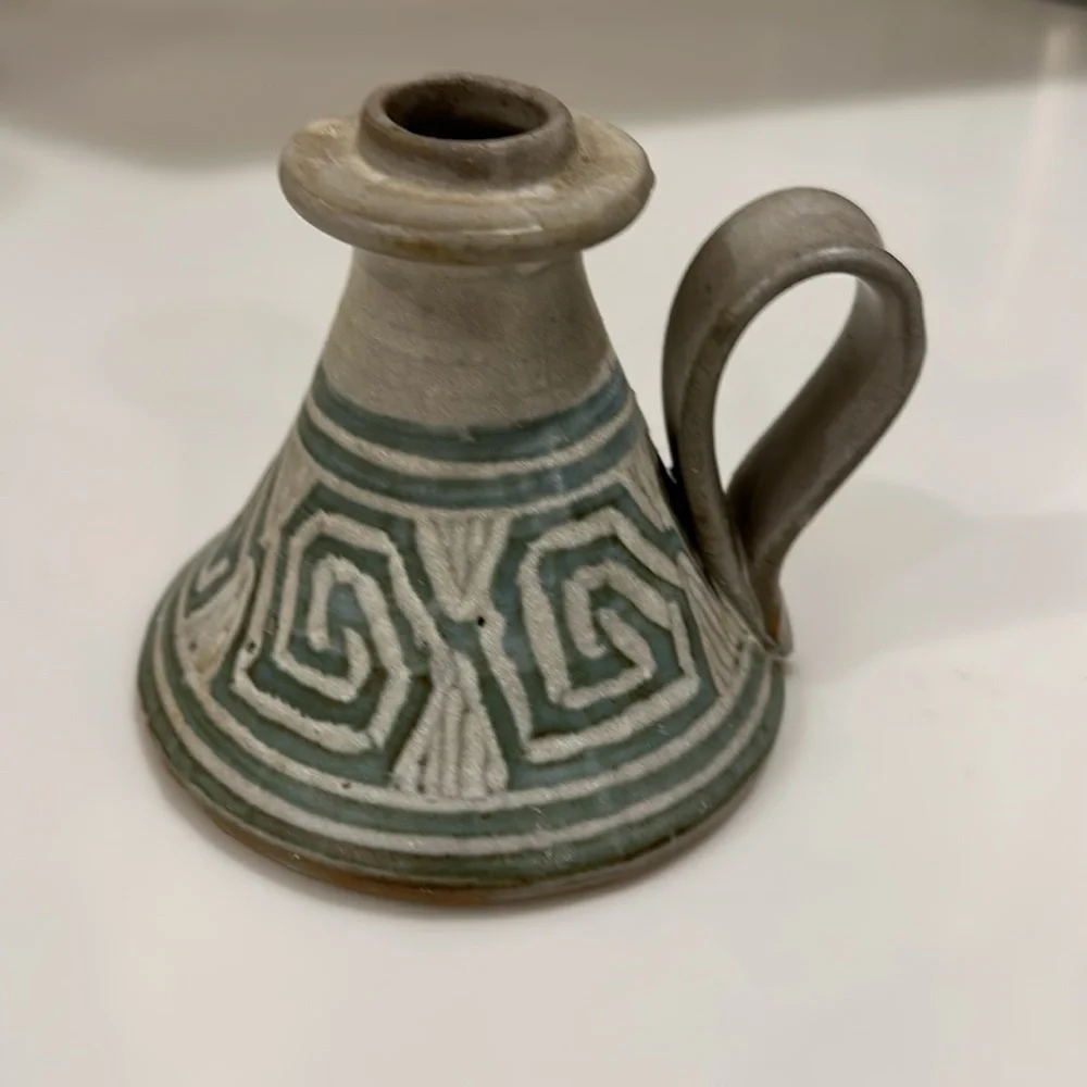 Handmade Geometric Design Pottery Candleholder Signed 4”